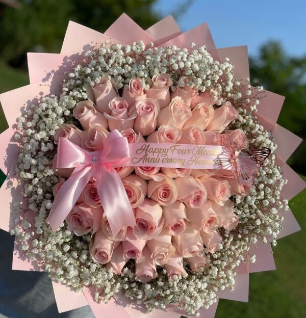 Ramo De Rosas Rosadas + Cinta Personalizada